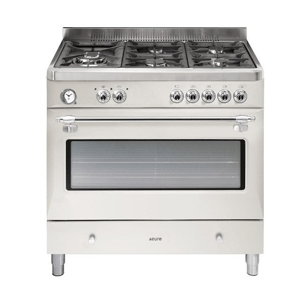 Royal Chiantishire,90cm Cooker,8 function elec Oven, 5 Burner Recessed Gas Top Left WOK Large 109ltr gross, Analogue Clock bottom storage