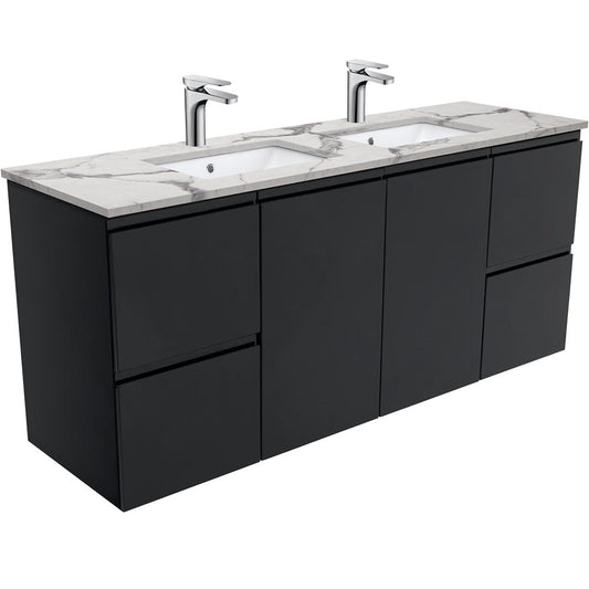 SARAH CALACATTA MARBLE 1500 Fingerpull Matte Black Wall Hung Cab Double Bowl 1TH