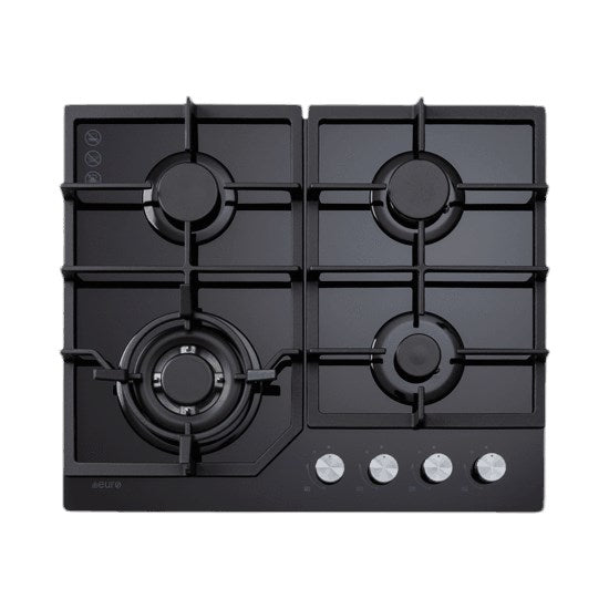 60cm 4 Burner Gas Cooktop + wok + Flame failure + Cast Iron trivets + Black Glass
