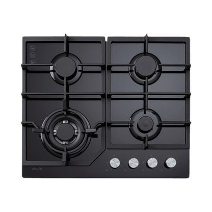 60cm 4 Burner Gas Cooktop + wok + Flame failure + Cast Iron trivets + Black Glass