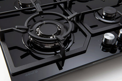 60cm 4 Burner Gas Cooktop + wok + Flame failure + Cast Iron trivets + Black Glass