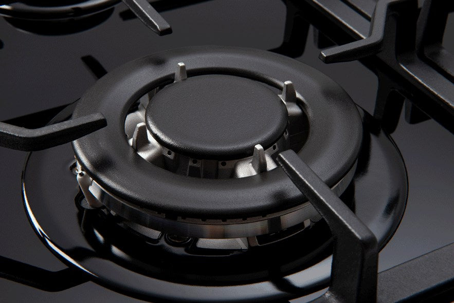 60cm Gas Cooktop, Black Glass 4 Burners with Wok, 1 Hand Electronic Ignition, Flame Failure Device, HD Cast Iron Trivet