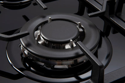 60cm Gas Cooktop, Black Glass 4 Burners with Wok, 1 Hand Electronic Ignition, Flame Failure Device, HD Cast Iron Trivet