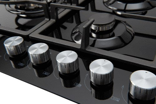 90cm 5 Burner Gas Cooktop Left Wok + Flame  device + Cast Iron trivets+ Black Glass