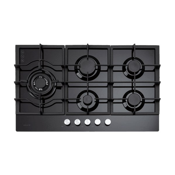 90cm 5 Burner Gas Cooktop Left Wok + Flame  device + Cast Iron trivets+ Black Glass