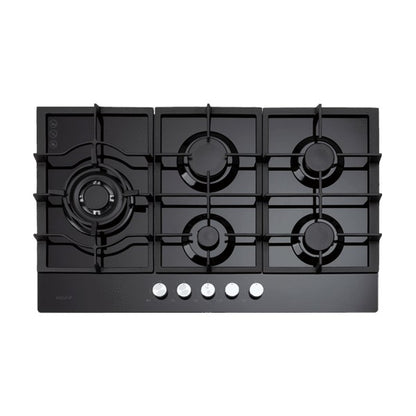 90cm 5 Burner Gas Cooktop Left Wok + Flame  device + Cast Iron trivets+ Black Glass