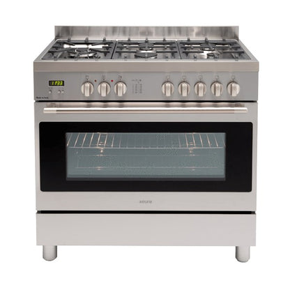 90cm Freestanding 5 Function GAS Oven  LED Clock  Electric Grill  Gas Hob + FFD Large 109ltr gross capacity bottom storage