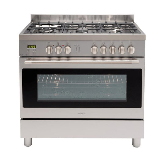 90cm Freestanding 5 Function GAS Oven  LED Clock  Electric Grill  Gas Hob + FFD Large 109ltr gross capacity bottom storage