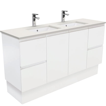 Sarah Roman Sand Undermount Double Bowl 1500 Fingerpull Satin White Vanity on Kick