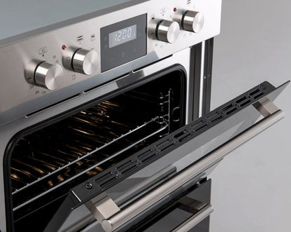 60cm/w x 88cm/h , Double Oven , Top Oven, 4 x function 40ltr Gross capacity,Bottom Oven, 8 x function 61tr Gross capacity Programmable Timer Touch Clock