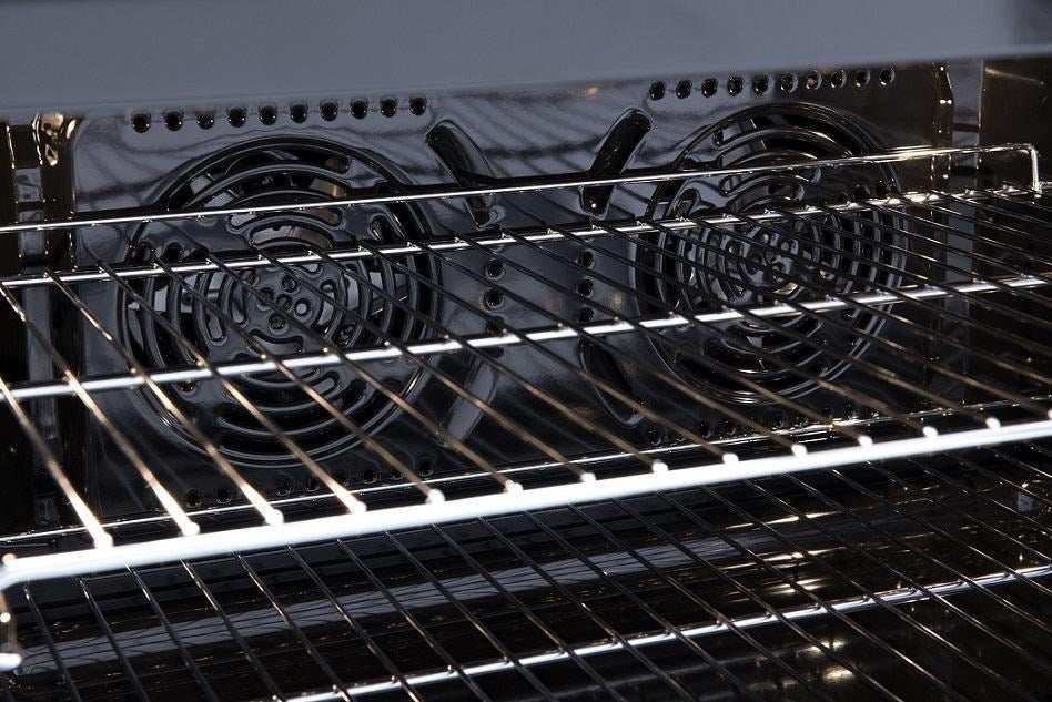 90cm Freestanding Cooker, 8 function Elec twin fan Oven,7 Zone Ceran Glass Electric Cooktop, Large 109ltr gross, LED Clock bottom storage