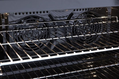 90cm Freestanding Cooker, 8 function Elec twin fan Oven,7 Zone Ceran Glass Electric Cooktop, Large 109ltr gross, LED Clock bottom storage