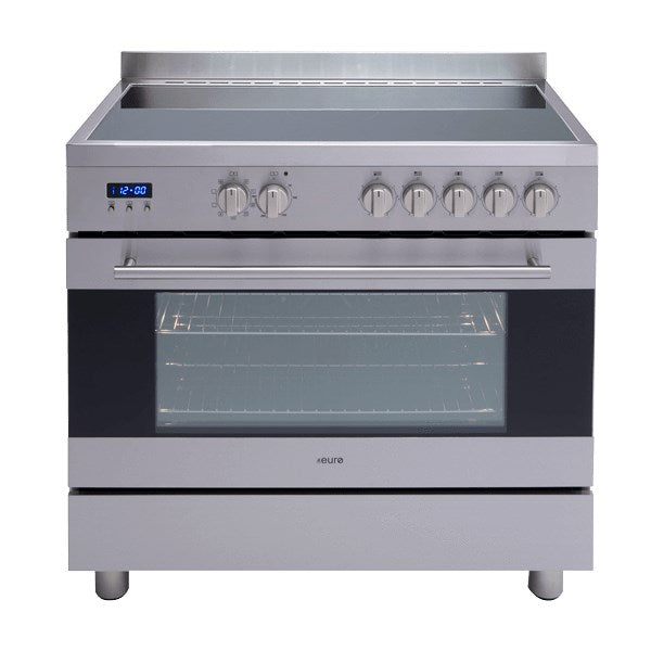 90cm Freestanding Cooker, 8 function Elec twin fan Oven,7 Zone Ceran Glass Electric Cooktop, Large 109ltr gross, LED Clock bottom storage