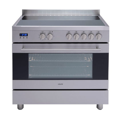 90cm Freestanding Cooker, 8 function Elec twin fan Oven,7 Zone Ceran Glass Electric Cooktop, Large 109ltr gross, LED Clock bottom storage