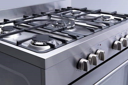 90cm Freestanding Cooker, 8 function Electric twin fan Oven , 5 Burner Gas cooktop Central Wok, Large 109ltr gross capacity LED Clock bottom storage