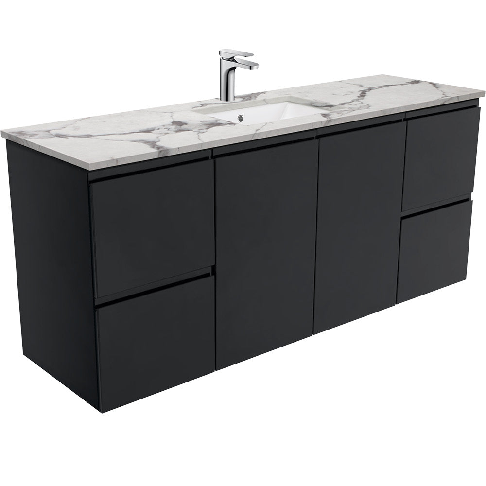 SARAH CALACATTA MARBLE 1500 Fingerpull Matte Black Wall Hung Cab Single Bowl 1TH