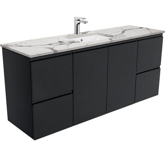 SARAH CALACATTA MARBLE 1500 Fingerpull Matte Black Wall Hung Cab Single Bowl 1TH