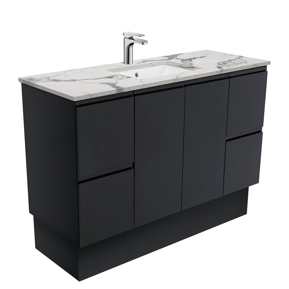 SARAH CALACATTA MARBLE 1200 Fingerpull Matte Black Cab on Kick 1TH