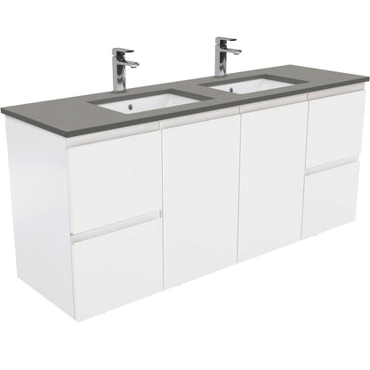 SARAH DOVE GREY 1500 Fingerpull Matte White Wall Hung Cab Double Bowl 1TH