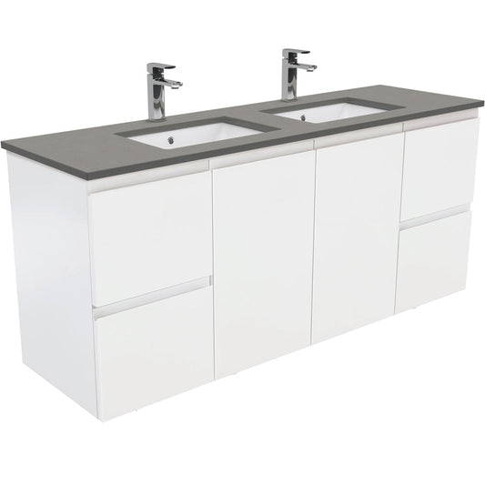 SARAH DOVE GREY 1500 Fingerpull Matte White Wall Hung Cab Double Bowl 1TH