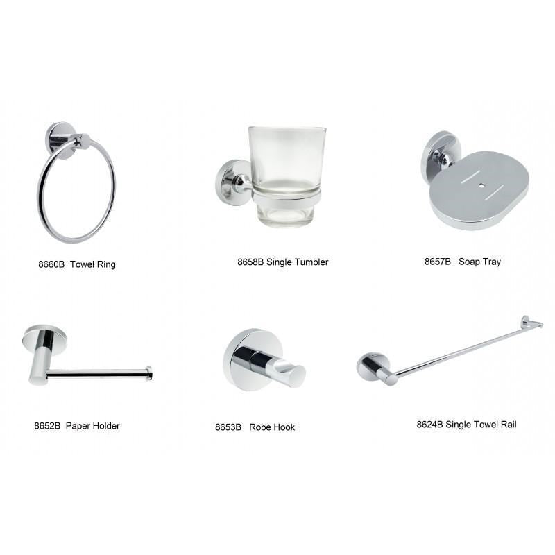 6 pieces pack (single towel rail 600mm,robe hook,single tumbler,paper holder,towel ring,soap dish)