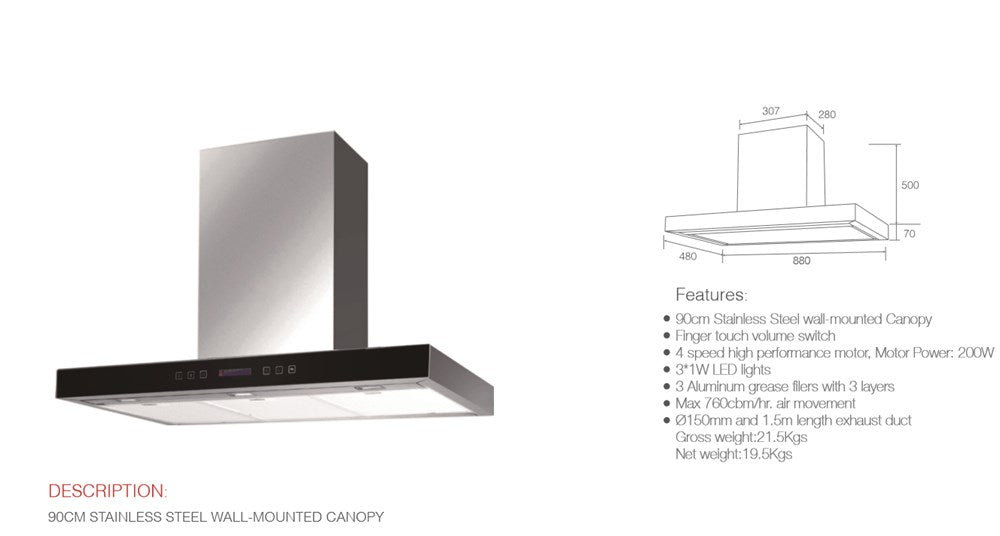 RANGEHOOD Canopy 900 S/S-Blk