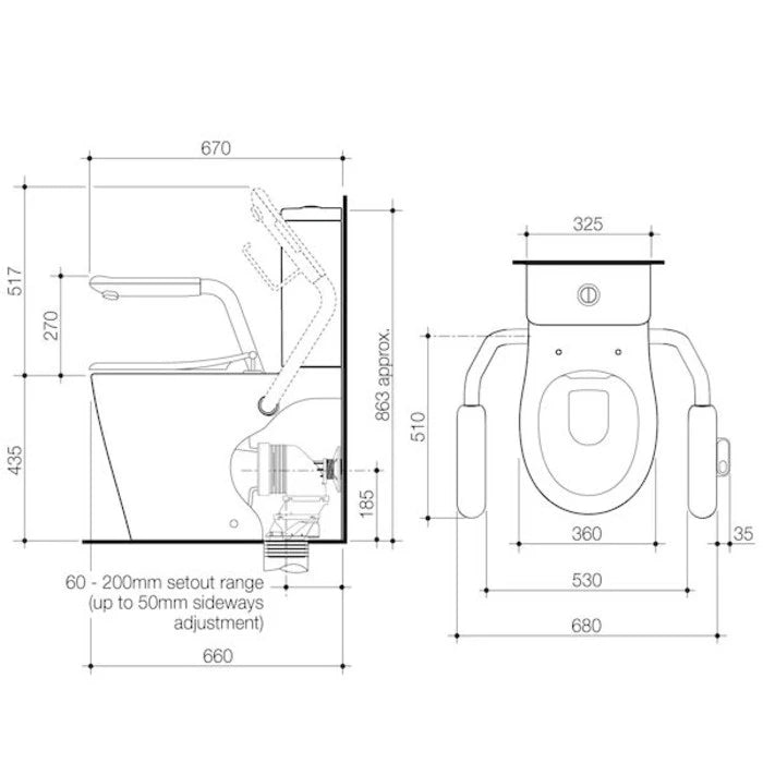 Caroma Care 660 Cleanflush WFCC Easy Height BE Suite with Nurse Call Armrest Right and Single Flap Seat - Anthracite Grey
