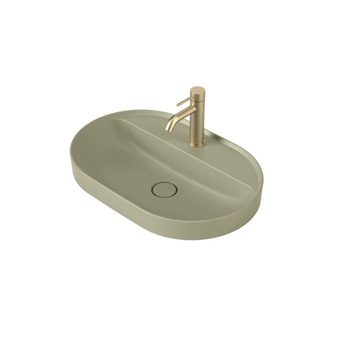Caroma Liano II 600mm Pill Inset Basin with Tap Landing Matte Green with 1 Tap Hole