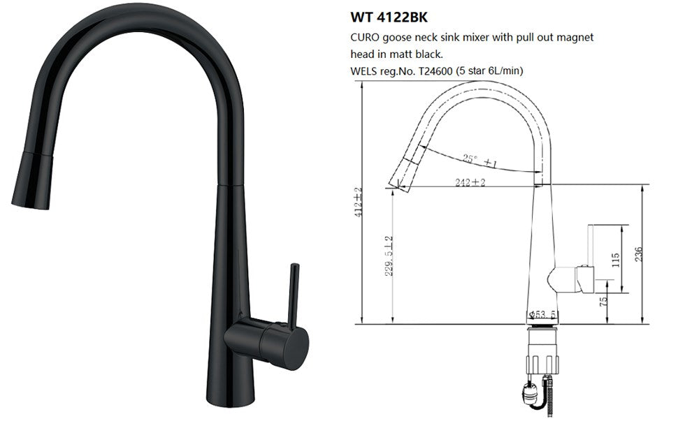 JESS Goose Neck Sink Mixer with Pull Out Magnet Head in Matte Black