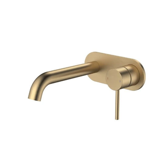Caroma Liano II 175mm Wall Basin/Bath Mixer and Outlet Rounded Plate Lead Free Brushed Brass