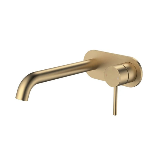 Caroma Liano II 210mm Wall Basin/Bath Mixer and Outlet Rounded Plate Lead Free Brushed Brass