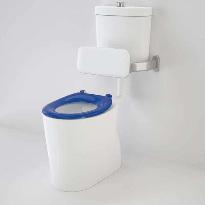 Caroma Care 610 Cleanflush Connector S Trap Suite with Backrest and Caravelle Single Flap Seat - White toilet with blue seat
