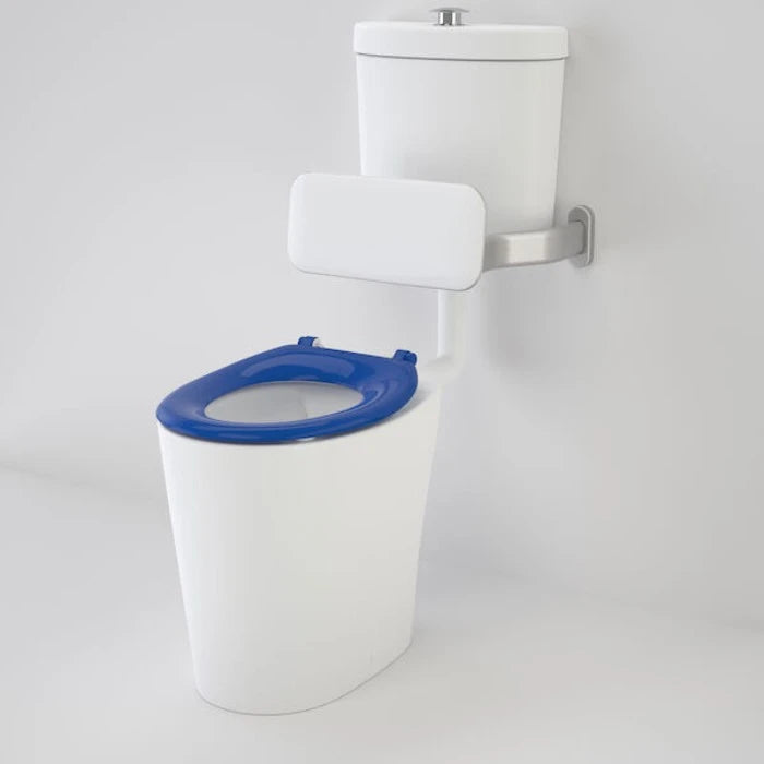 Caroma Care 610 Cleanflush Connector P Trap Suite with Backrest and Caravelle Single Flap Seat - White toilet with blue seat