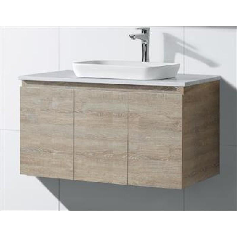 Timber look wall hung vanity 900 x 465 x 560 with white marble look benchtop and  insert basin