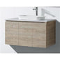 Timber look wall hung vanity 900 x 465 x 560 with white marble look benchtop and  insert basin