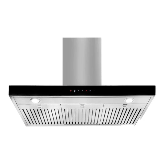90CM 3 SPEED BBQ HOOD W 2000m3 H AIRFLOW LED LIGHTS BLACK GLASS