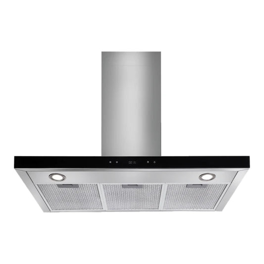 90CM T SHAPE RANGE HOOD BLACK GLASS FRONT W CHARCOL FILTER