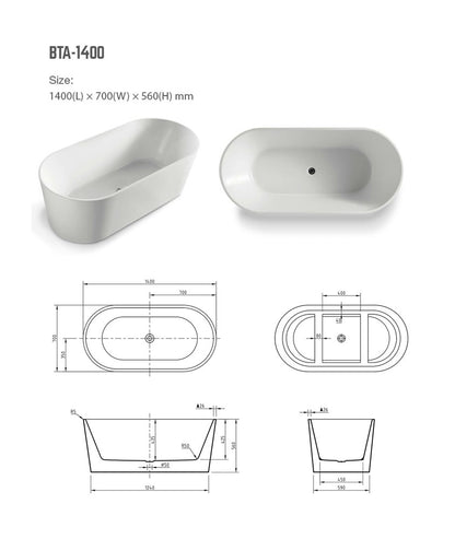Acrylic Freestanding Bath Gloss White 1400x700x560mm