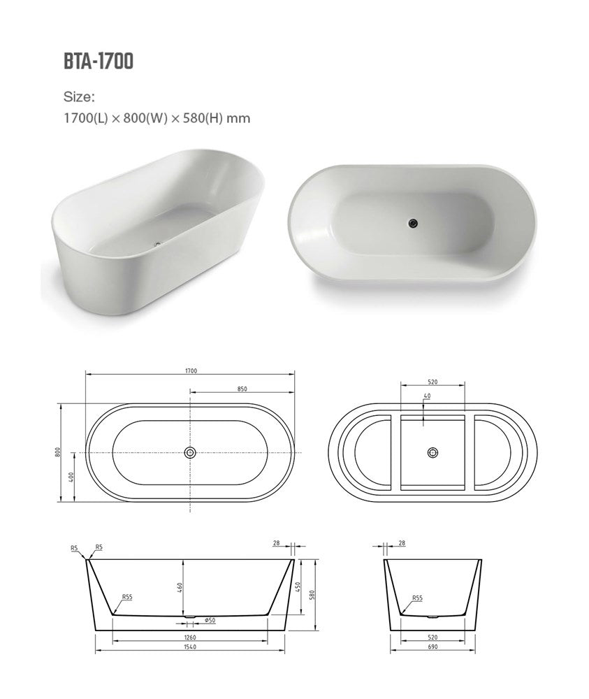 Acrylic Freestanding Bath Gloss White 1700x800x580mm