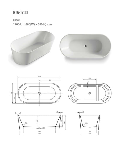 Acrylic Freestanding Bath Gloss White 1700x800x580mm