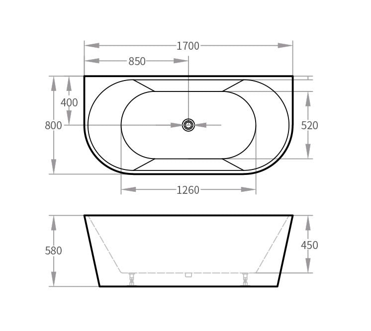 Acrylic Back to Wall Bathtub Matt White 1700x800x580mm