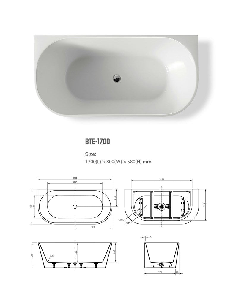 Back to Wall Matte Black & Gloss White Inside Spa Bath with 3 Large & 8 Mini Jets
