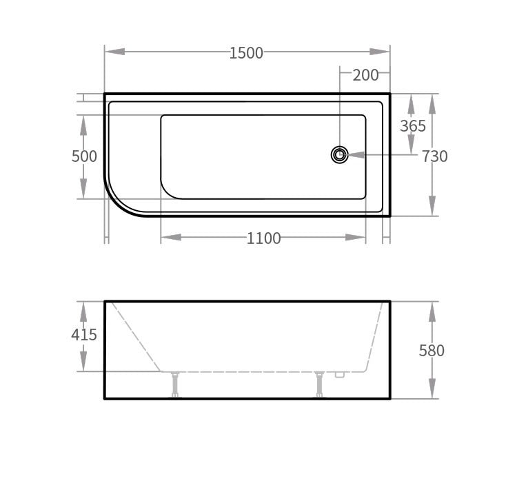 Acrylic Corner Back to Wall Bath Matt White 1500x730x560mm