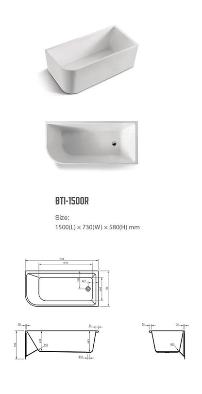 Acrylic Corner Back to Wall Bath Gloss White 1500x730x560mm