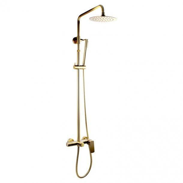 8" Round Brushed Gold Shower Station(Solid BrassStainless Steel,Bottom Water Inlet,Adjustable Height Rail)