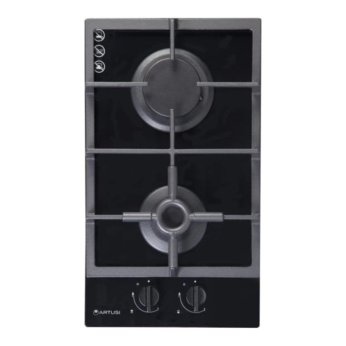 30CM 2 GAS BURNER COOKTOP W/ CAST IRON TRIVETT BLACK GLASS
