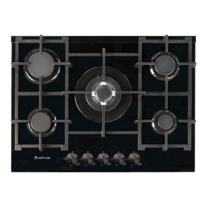 70CM 5 BURNER GAS HOB BLACK GLASS
