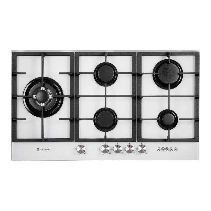 90CM 5 BURNER GAS HOB WHITE GLASS