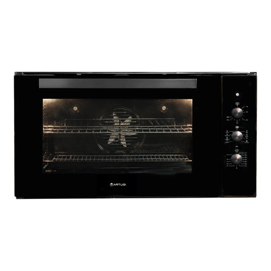 90CM 100L BUILT IN ELEC OVEN W 9 FUNCTIONS and TIMER IN BLACK GLASS
