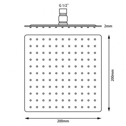 Square Chrome Super-slim Rainfall Shower Head 200mm